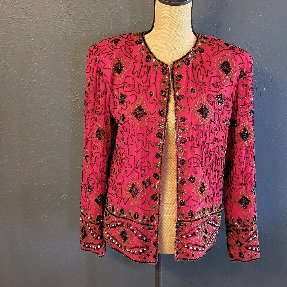 Sequin Hi Fashion Red Silk Beaded Open Jacket Small